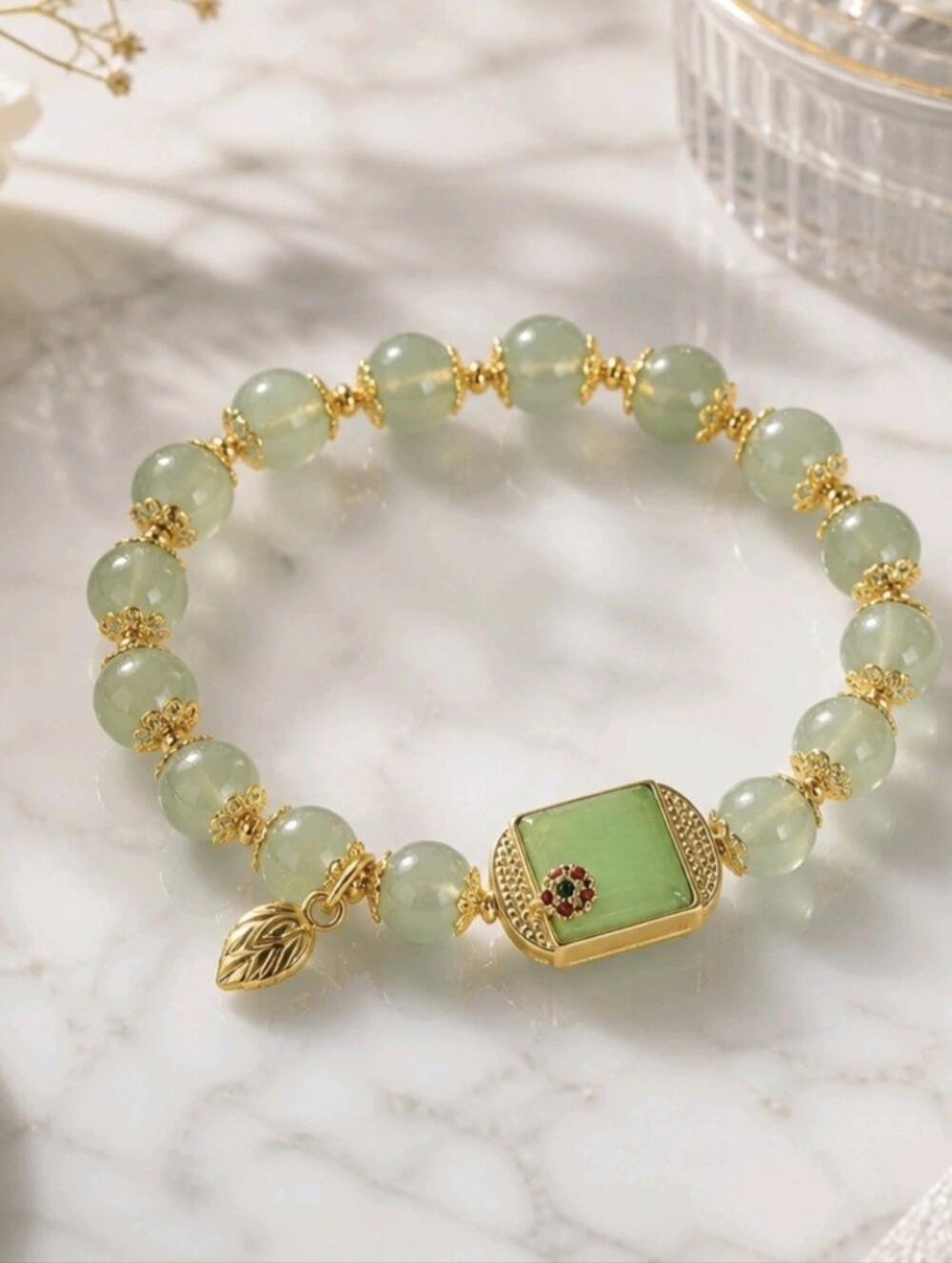 Translucent Light Green Jade 8mm Filigree Focal Bracelet
